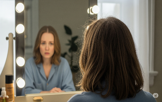 鏡を見て頭皮の薄毛に悩む女性